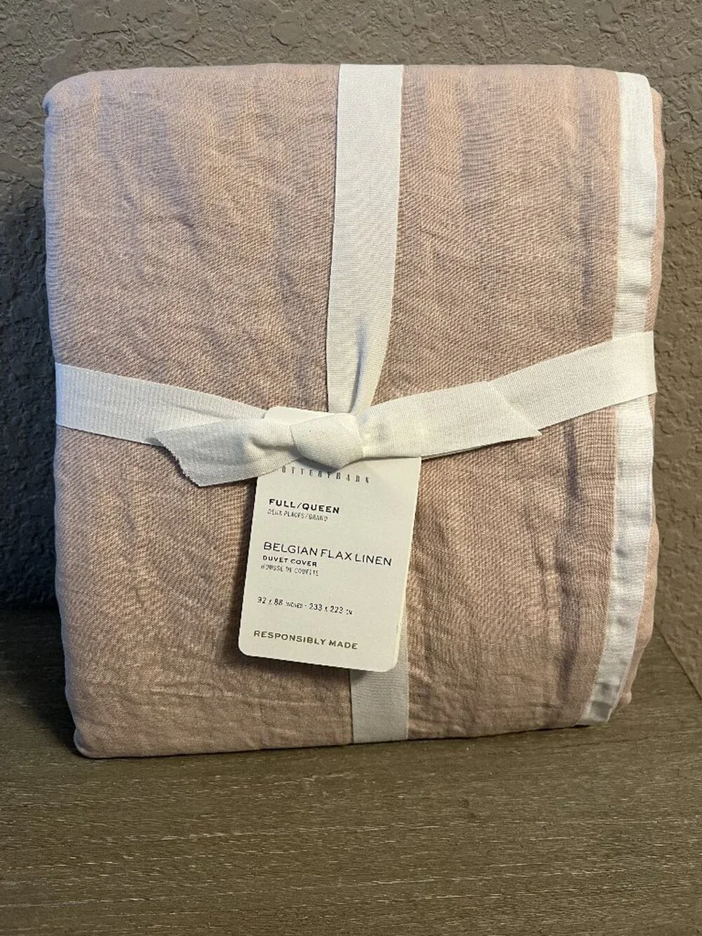 Pottery Barn Belgian Flax Linen Duvet Cover Full / Queen Soft Rose & White